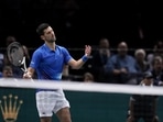 Serbia's Novak Djokovic reacts during his match against Karen Khachanov