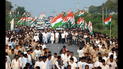 Congress leader Rahul Gandhi during the party's Bharat Jodo Yatra in Narayanpet on October 28. Telangana Congress president Revanth Reddy, party leader Jairam Ramesh and others are also seen. (ANI Photo) Congress leader Rahul Gandhi during the party's Bharat Jodo Yatra in Narayanpet on October 28. Telangana Congress president Revanth Reddy, party leader Jairam Ramesh and others are also seen. (ANI Photo)