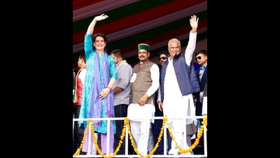 Congress general secretary Priyanka Gandhi Vadra with Chhattisgarh chief minister Bhupesh Baghel during a rally at Nagrota Bagwan, in Kangra on Friday. (ANI Photo) (ANI) Congress general secretary Priyanka Gandhi Vadra with Chhattisgarh chief minister Bhupesh Baghel during a rally at Nagrota Bagwan, in Kangra on Friday. (ANI Photo) (ANI)