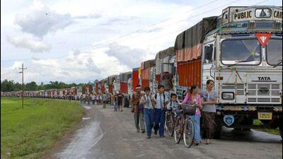 Stationed trucks on the outskirts of Imphal during an earlier blockade by tribal agitators. (File Photo)