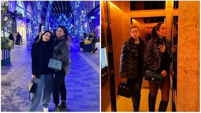 Kareena Kapoor and Karisma Kapoor are currently having a gala time in London. The Kapoor sisters took over the streets in fancy all-black winter wear. (Instagram) Kareena Kapoor and Karisma Kapoor are currently having a gala time in London. The Kapoor sisters took over the streets in fancy all-black winter wear. (Instagram)