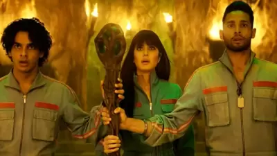 Phone Bhoot moview review: Katrina Kaif, Ishaan Khatter, and Siddhant Chaturvedi in a still from the film.