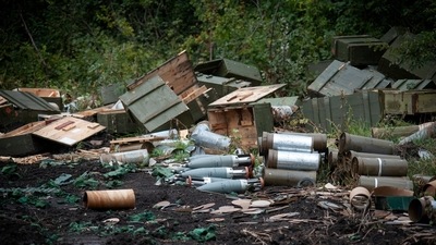 Russia artillery shells captured by the Ukrainian Armed Forces during counteroffensive operation, amid Russia's attack on Ukraine, are seen near the town of Izium in Kharkiv region, Ukraine. (REUTERS)
