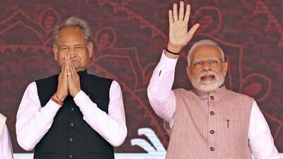 Prime Minister Narendra Modi with Rajasthan chief minister Ashok Gehlot at an event in Banswara on November 1. (Ashok Gehlot /Twitter Photo) Prime Minister Narendra Modi with Rajasthan chief minister Ashok Gehlot at an event in Banswara on November 1. (Ashok Gehlot /Twitter Photo)