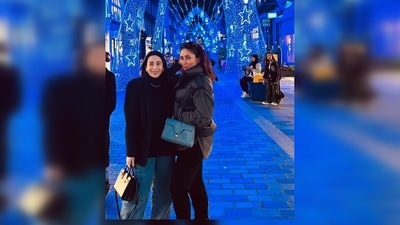 Karisma Kapoor went chic in a black turtleneck, blazer and straight denim which she paired with white sneakers. (Instagram/@karismakapoor) Karisma Kapoor went chic in a black turtleneck, blazer and straight denim which she paired with white sneakers. (Instagram/@karismakapoor)