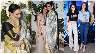 Rekha, Janhvi Kapoor, Sara Ali Khan and Ananya Panday at Mili screening. (Varinder Chawla) Rekha, Janhvi Kapoor, Sara Ali Khan and Ananya Panday at Mili screening. (Varinder Chawla)