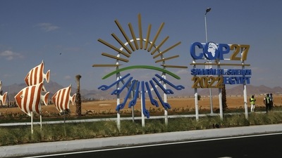 Signage promoting this year’s United Nations global summit on climate change, known as COP27, adorns Peace Road, in Sharm el-Sheikh, South Sinai, Egypt. (AP)
