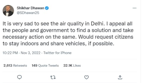Shikhar Dhawan tweets about Delhi pollution. (Twitter/@SDhawan25)