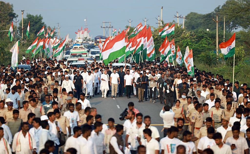Congress leader Rahul Gandhi during the party's Bharat Jodo Yatra in Narayanpet on October 28. Telangana Congress president Revanth Reddy, party leader Jairam Ramesh and others are also seen. (ANI Photo) Congress leader Rahul Gandhi during the party's Bharat Jodo Yatra in Narayanpet on October 28. Telangana Congress president Revanth Reddy, party leader Jairam Ramesh and others are also seen. (ANI Photo)
