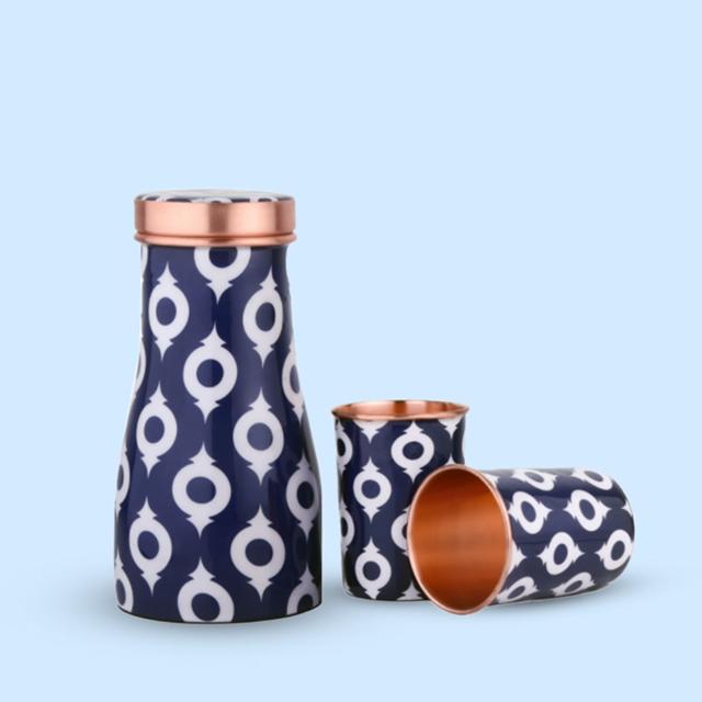 This smart and unusual blue & white printed exterior, copper bottle and tumbler set which won’t just look on your bedside but is also a great way to kick start your day with a simple and effective wellness regime. (Available on Vaaree)