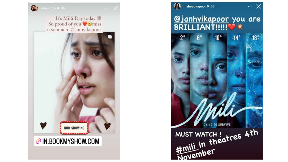 Khushi Kapoor and Maheep Kapoor appeal audience fans to watch Mili via Instagram Stories.