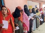 Women voters wait in a queue to cast their votes for assembly bypolls in Bihar's Gopalganj assembly constituency on Thursday. (ANI) Women voters wait in a queue to cast their votes for assembly bypolls in Bihar's Gopalganj assembly constituency on Thursday. (ANI)
