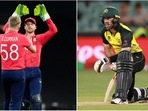 Jos Buttler and Sam Curran celebrate a wicket against Sri Lanka; Glenn Maxwell during the match against Afghanistan