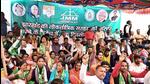 Jharkhand’s ruling alliance supporters stage a protest in Ranchi on Saturday. (ANI)