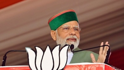 Prime Minister Narendra Modi addresses a public meeting for the upcoming Himachal Pradesh Assembly elections, at Sundernagar, in Mandi on Saturday. (ANI Picture Service)