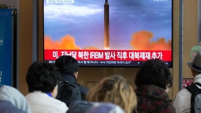 A TV screen shows a file image of North Korea's missile launch during a news program at the Seoul Railway Station in Seoul, South Korea, Friday, Nov. 4, 2022. South Korea scrambled dozens of military aircraft, including advanced F35 fighter jets, after spotting North Korean warplanes Friday, flying in North Korean territory in what appeared to be a defiant show of strength. AP/PTI(AP11_04_2022_000076B) (AP) A TV screen shows a file image of North Korea's missile launch during a news program at the Seoul Railway Station in Seoul, South Korea, Friday, Nov. 4, 2022. South Korea scrambled dozens of military aircraft, including advanced F35 fighter jets, after spotting North Korean warplanes Friday, flying in North Korean territory in what appeared to be a defiant show of strength. AP/PTI(AP11_04_2022_000076B) (AP)