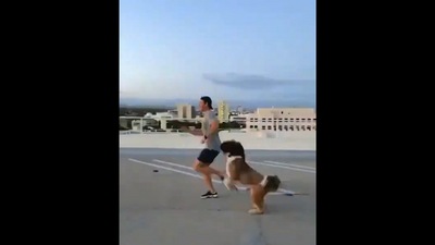 Dog and man jumping around. (Twitter/@hvgoenka)