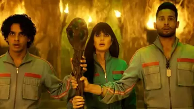 Ishaan Khatter, Katrina Kaif, and Siddhant Chaturvedi in a still from Phone Bhoot. Ishaan Khatter, Katrina Kaif, and Siddhant Chaturvedi in a still from Phone Bhoot.