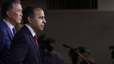 Representative Raja Krishnamoorthi speaks alongside members of the Congressional Delegation in Washington DC area. (AFP) Representative Raja Krishnamoorthi speaks alongside members of the Congressional Delegation in Washington DC area. (AFP)