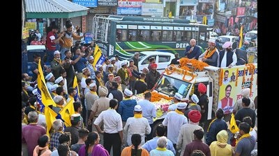 Delhi deputy CM Manish Sisodia during a roadshow in Bilaspur district on Saturday. (PTI)