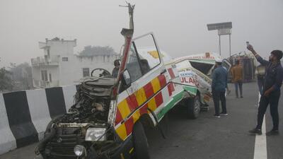 Ghaziabad, India - November 04, 2022: A view of the mangled remains of the Ambulance after it collided with a mini truck on Delhi Meerut Expressway near Sikroda village, in Ghaziabad, India, on Friday, November 04, 2022. (Photo by Sakib Ali /Hindustan Times)