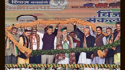 Prime Minister Narendra Modi in Mandi on Saturday. (PTI)