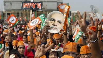 BJP supporters during a rally in Gandhinagar for the Gujarat elections. (PTI for representation only) BJP supporters during a rally in Gandhinagar for the Gujarat elections. (PTI for representation only)