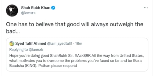SRK's reply to a Twitter user. (Twitter/@iamsrk)