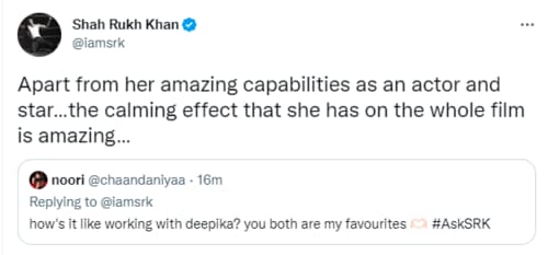 SRK's reply to a Twitter user. (Twitter/@iamsrk)