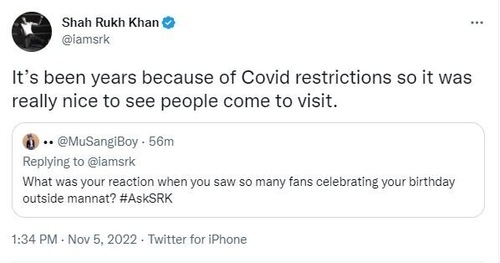 Shah Rukh recently celebrated his 57th birthday with fans outside his Mumbai home, Mannat.