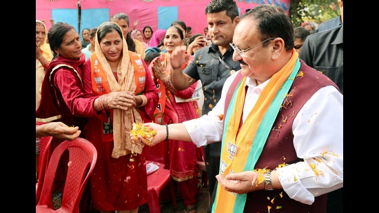 BJP national president JP Nadda at a public meeting at Patwarkhana Kotla, in Bilaspur on Saturday . (ANI)