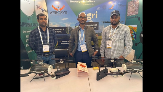 The company co-founder Sethuraj V ( middle) says the start-up was attempting to reach out to masses in the ongoing biennial agro technology and business fair — CII Agro Tech India 2022 bring held in Chandigarh. (HT photo)