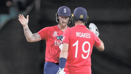 Ben Stokes and Chris Woakes saw England over the line as they beat Sri Lanka by four wickets to secure a spot in the semi-finals of the T20 World Cup(AP)