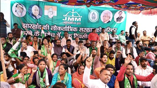 Jharkhand’s ruling alliance supporters stage a protest in Ranchi on Saturday. (ANI)