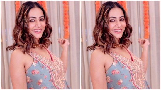 On Friday, Hina Khan dropped several pictures of herself twirling and flaunting her beautiful smile for the camera. It showed Hina dressed in a grey floral printed gharara set. The ensemble boasted intricate embroidery and embellishments, making it a perfect pick for lowkey festivities at home or for attending your best friend's Mehendi or Haldi ceremony as the bridesmaid.(Instagram)