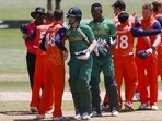 South Africa's Anrich Nortje and Kagiso Rabada congratulate the Netherlands players after their T20 World Cup(AP) South Africa's Anrich Nortje and Kagiso Rabada congratulate the Netherlands players after their T20 World Cup(AP)