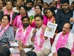 Telangana Rashtra Samithi (TRS) leader KT Rama Rao with supporters celebrate Munugode Assembly constituency by-election results, at TRS Bhavan in Hyderabad, Sunday, Nov. 6, 2022.