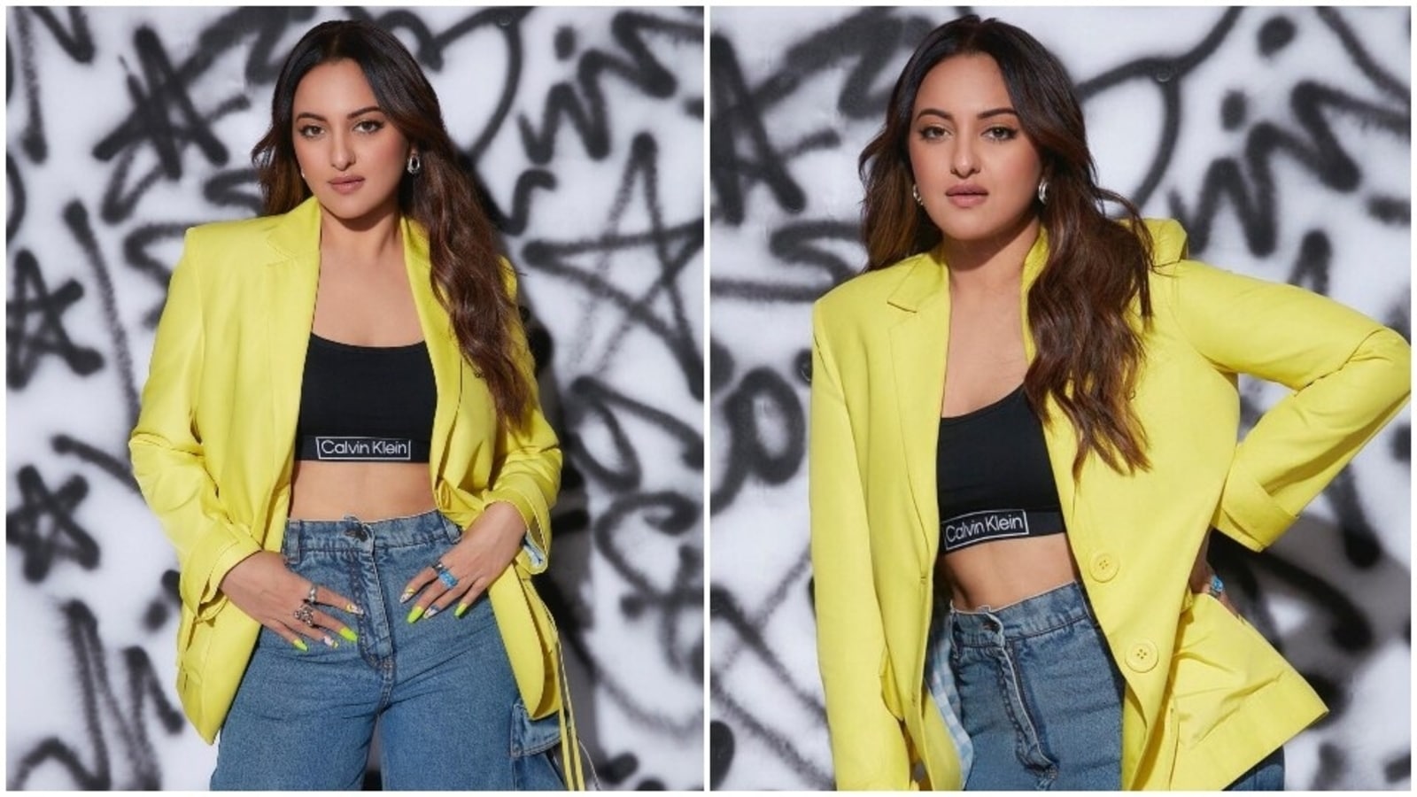 Sonakshi Sinhas Cool Babe Look In Bralette Flared Denims And Blazer Is A Must Have For Your