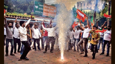 BJP supporters in Bhadrak district on Sunday. (PTI) BJP supporters in Bhadrak district on Sunday. (PTI)