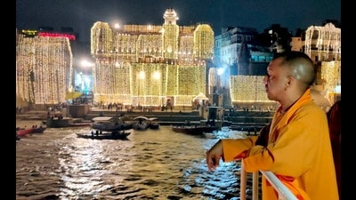 U.P. CM Yogi Adityanath reviewing preparations for Dev Deepawali on-board a Ro Ro boat in Varanasi on Sunday. (Sourced)