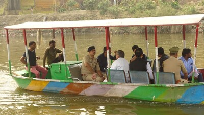 Mathura district magistrate Pulkit Khare inspecting the ghats in a ride on Sunday. (HT)