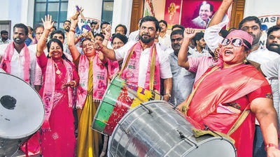 TRS supporters celebrate in Hyderabad on Sunday. (PTI) TRS supporters celebrate in Hyderabad on Sunday. (PTI)