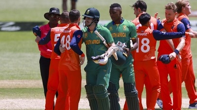 South Africa's Anrich Nortje and Kagiso Rabada congratulate the Netherlands players after their T20 World Cup (AP) South Africa's Anrich Nortje and Kagiso Rabada congratulate the Netherlands players after their T20 World Cup (AP)