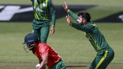 Pakistan's Shadab Khan appeals for the wicket of Bangladesh's Shakib Al Hasan (AP) Pakistan's Shadab Khan appeals for the wicket of Bangladesh's Shakib Al Hasan (AP)