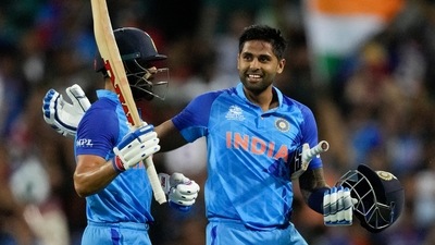India's Virat Kohli, left, and teammate Suryakumar Yadav (AP) India's Virat Kohli, left, and teammate Suryakumar Yadav (AP)