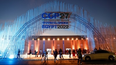 A view of the main entrance of the Sharm El-Sheikh International Convention Centre where the COP27 climate summit will take place, in the Red Sea resort of Sharm el-Sheikh, Egypt November 5. (Reuters)