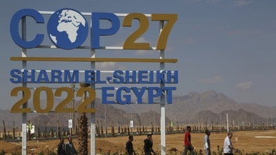 Workers walk past signage promoting COP2, at Peace Road, in Sharm el-Sheikh, South Sinai, Egypt. (AP) Workers walk past signage promoting COP2, at Peace Road, in Sharm el-Sheikh, South Sinai, Egypt. (AP)