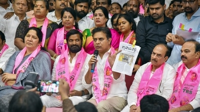 Telangana Rashtra Samithi (TRS) leader KT Rama Rao with supporters celebrate Munugode Assembly constituency by-election results, at TRS Bhavan in Hyderabad, Sunday, Nov. 6, 2022. (PTI)