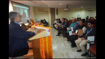 IIIT-A’s acting director Prof RS Verma addressing the industry-academia conclave at IIIT-A on Sunday. (HT PHOTO) IIIT-A’s acting director Prof RS Verma addressing the industry-academia conclave at IIIT-A on Sunday. (HT PHOTO)