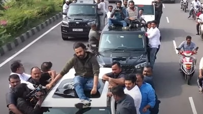 Actor-politician Pawan Kalyan reached the Ippatam village of Guntur sitting on the top of a car.